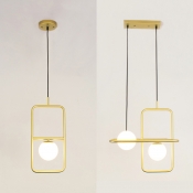 1/2 Head Rectangular Hanging Light Fixture Post Modern White Glass Shade Pendant Lamp in Gold