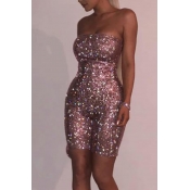 Womens Hot Trendy Strapless Sleeveless Sequin Embellished Fitted Bandeau Rompers