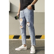 Men's New Stylish Light Blue Regular Fit Ripped Jeans with Holes