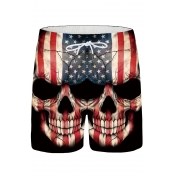 Men's Popular Fashion American Flag Skull Printed Drawstring Waist Black Casual Sports Shorts