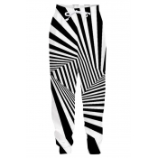 Trendy Creative 3D Black and White Stripe Printed Drawstring Waist Casual Sports Joggers Sweatpants