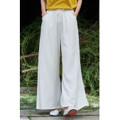 Womens Summer Stylish Plain Drawstring Waist Cotton Linen Casual Loose Wide Leg Pants