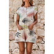 Womens Hot Fashion Summer Holiday Leaf Print Button Front Short Sleeve Beach Romper