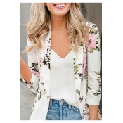 Womens Fancy White Floral Printed Long Sleeve Lapel Collar Fitted Blazer Coat