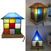 Art Glass House Desk Light 1 Head Tiffany Lovely Night Light with Plug-In Cord for Boys Bedroom