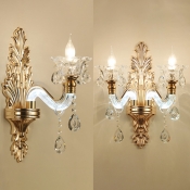 Elegant Candle Shape Sconce Light 1/2 Lights Metal Wall Lamp with Crystal in Gold for Hotel Villa