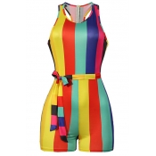 Summer Sexy Girls Hot Stylish Sleeveless Rainbow Striped Print Tie-Side Zip- Back Fitted Romper