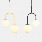 Double Light Orb Shade Hanging Pendant White Glass Drop Light in Black/Gold Finish