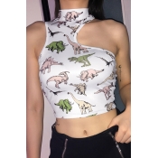 Womens Funny Allover Cartoon Dinosaur Print Sexy Irregular Cutout Sleeveless High Neck White Slim Crop Tank Top