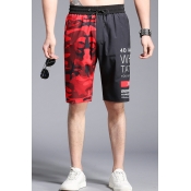Men's Summer New Trendy Colorblock Camouflage Letter Printed Drawstring Waist Black and Red Casual Relaxed Shorts