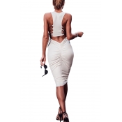 Womens Sexy Hollow Out Lace-Up Back Round Neck Sleeveless Plain Midi Bodycon Pencil Tank Dress