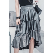 Womens Hot Stylish Sliver High Waist Layer Ruffle Hem A-Line Midi Flare Skirt