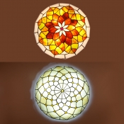 Study Room Bowl Ceiling Lamp with Bead/Lotus Stained Glass Tiffany Rustic Flush Mount Light