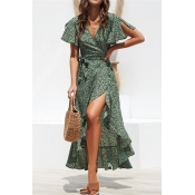 Summer Womens Fancy Floral Printed Surplice V-Neck Split Short Sleeve Tied Waist Maxi Wrap Dress