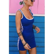 Womens Hot Fashion Summer Blue Striped Side Scoop Neck Sleeveless Mini Bodycon Tank Dress