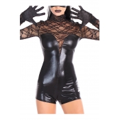 Women Stylish Black Sheer Lace Long Sleeve Faux Leather Fitted Nightclub Rompers