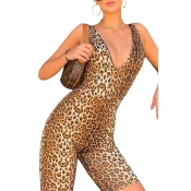 Summer Womens Hot Fashion Plunge V-Neck Leopard Print Backless Sleeveless Skinny Fit Romper