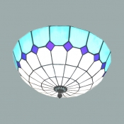 Lattice Domed Flush Mount Light Tiffany Traditional Art Glass Ceiling Lamp for Dining Room