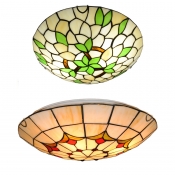 Stained Glass Flower/Leaf Ceiling Light Dining Room Tiffany Rustic Flush Light in Beige