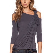 Womens Unique Knotted Cold Shoulder Long Sleeve Plain Asymmetrical T-Shirt