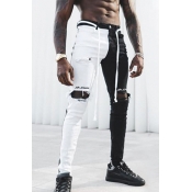 Men's Cool Fashion Colorblock Letter Printed Tape Side Knee Cut Trendy Distressed Ripped Jeans