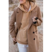 Womens New Stylish Notched Lapel Collar Long Sleeve Double-Breasted Khaki Long Wool Peacot