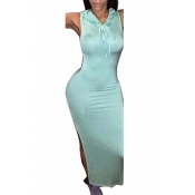 Womens Trendy Light Green Sleeveless Split Side Plain Maxi Hooded Bodycon Dress for Party