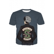 Cartoon Boy Back Snake Print Round Neck Short Sleeve Navy T-Shirt