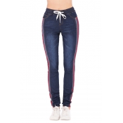 Women's Trendy Stripe Tape Side Drawstring Waist Regular Fit Dark Blue Jeans