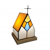 Stained Glass Church Night Light with Cross 1 Light Tiffany Creative Table Light in Yellow for Bar