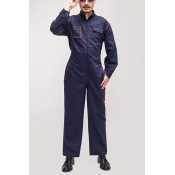 New Stylish Long Sleeve Simple Plain Zip Up Navy Mechanic Coveralls for Men