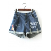 Cartoon Letter FOREST PARTY Ripped Rolled Cuff Blue Denim Shorts for Girls