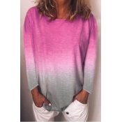 Summer Womens Trendy Ombre Color Round Neck Long Sleeve Loose Fitted T-Shirt