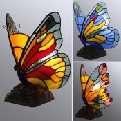 Butterfly Kid Bedroom Table Light Stained Glass 1 Bulb Tiffany Animal Blue/Multi-Color/Yellow Night Light