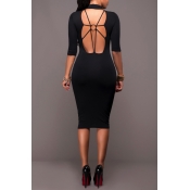 Womens Simple Plain Sexy Strappy Cut Out Back High Neck Midi Bodycon Pencil Dress