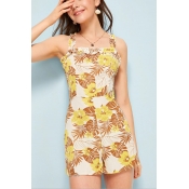 New Trendy Holiday Fashion Ruffled Strap High Waist Floral Leaf Print Sleeveless Romper for Women