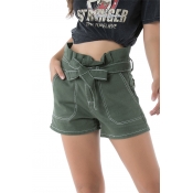 Hot Trendy Green Paperbag Waist Bow Tie Casual Loose Holiday Denim Shorts