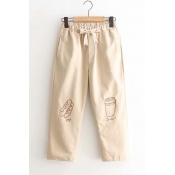 Womens Hot Fashion Drawstring Waist Bread Cup Embroidered Leisure Straight Pants