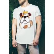 Summer Young Mens Short Sleeve Round Neck Cute Crown Dog Printed Leisure Loose Cotton T-Shirt