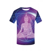 Mens Summer Stylish Buddha Pattern Round Neck Short Sleeve Purple T-Shirt