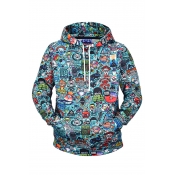 New Stylish Cartoon All-over Printed Long Sleeve Blue Casual Loose Drawstring Hoodie
