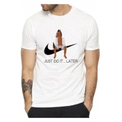 Humor White Short Sleeve JUST DO IT LATER Letter Horse Printed Mens Leisure Graphic T-Shirt
