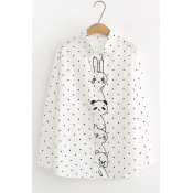 White Long Sleeve Stand Collar Polka Dot Cat Embroidered Loose Shirt