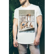 Summer Short Sleeve Round Neck TITANIC Letter Rose and Jack Printed Pullover T-Shirt