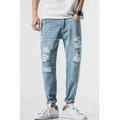 Men's Hot Fashion Simple Plain Light Blue Cool Damage Ripped Relaxed Fit Jeans
