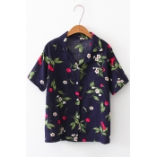 New Arrival Short Sleeve Lapel Collar Cherry Floral Printed Button Down Loose Shirt