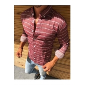 Mens Fashion Long Sleeve Stand Collar Striped Button Front Casual Loose Shirt