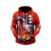 Hot Fashion Halloween Fire Skull 3D Printed Long Sleeve Red Drawstring Pullover Hoodie