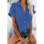 Solid Color Rolled Sleeve Button Down Chest Pocket Front Casual Loose Shirt