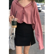 Chic Solid Color Long Sleeve V Neck Button Front Casual Loose Lady Office Shirt